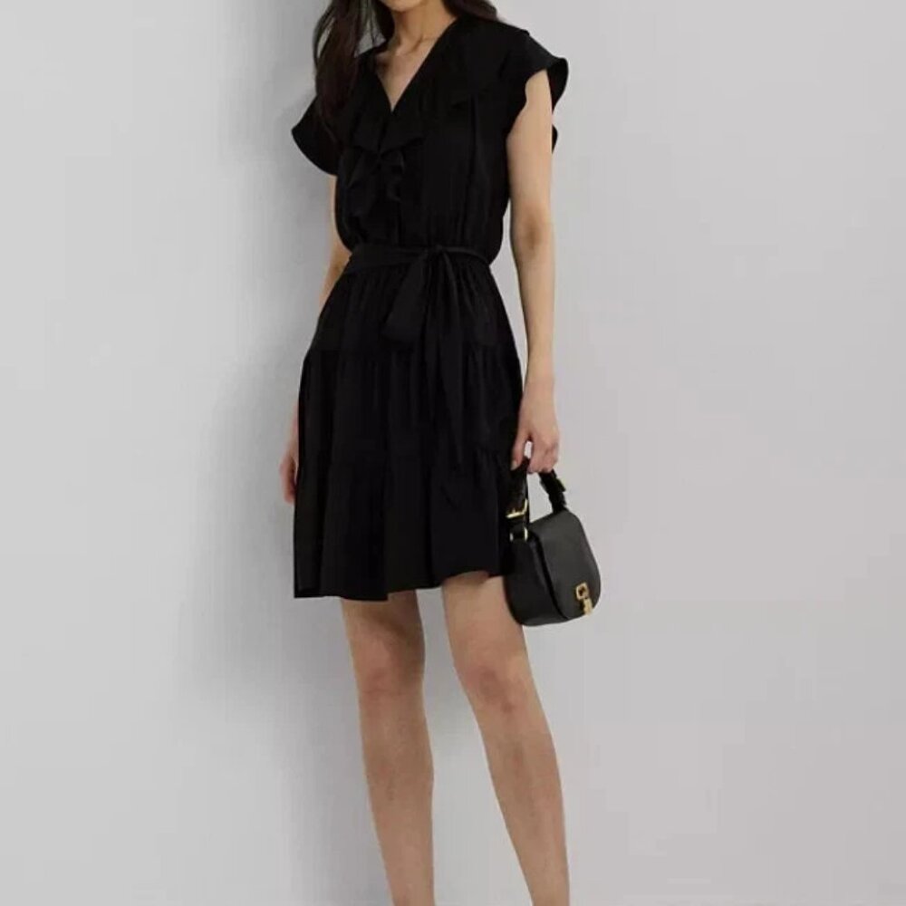 Lauren Ralph Lauren Womens Belted Ruffle-Trim Sat Black Size 8